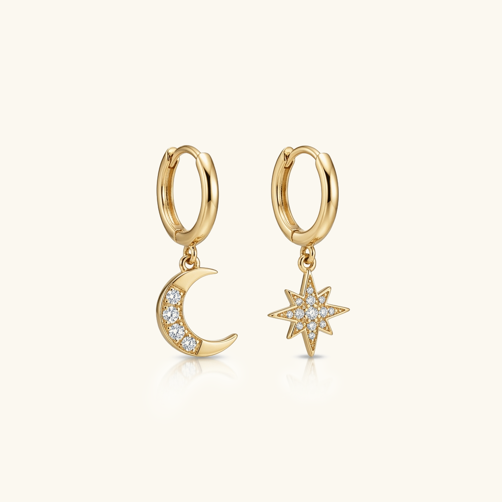 Women's Drop Hoop Earrings - Mismatched Moon Star Crystal Dangles
