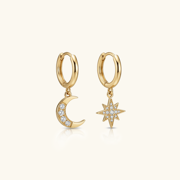 Women's Drop Hoop Earrings - Mismatched Moon Star Crystal Dangles