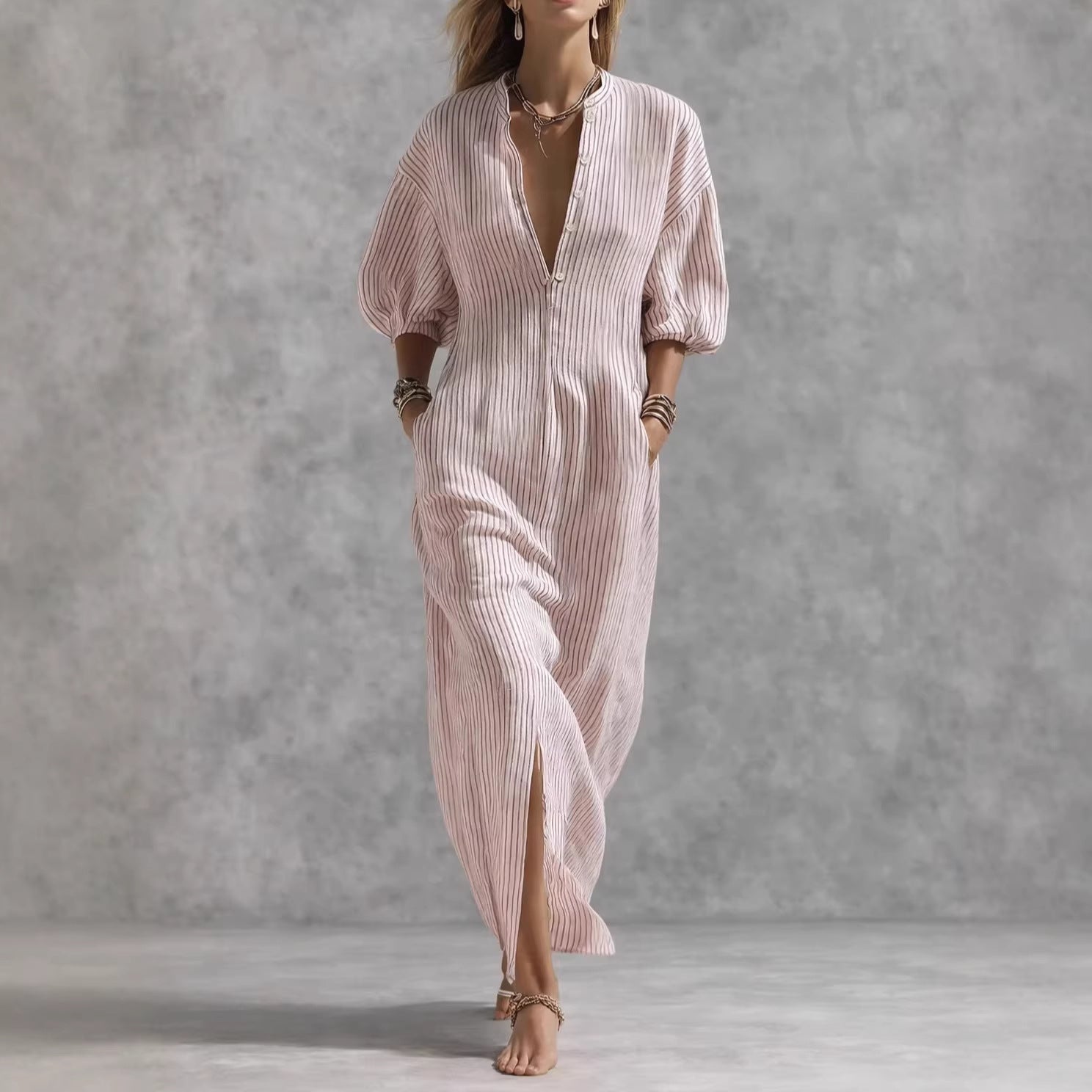 Women's Striped V-Neck Maxi Dress - Half Sleeve - Front Slit - Pockets
