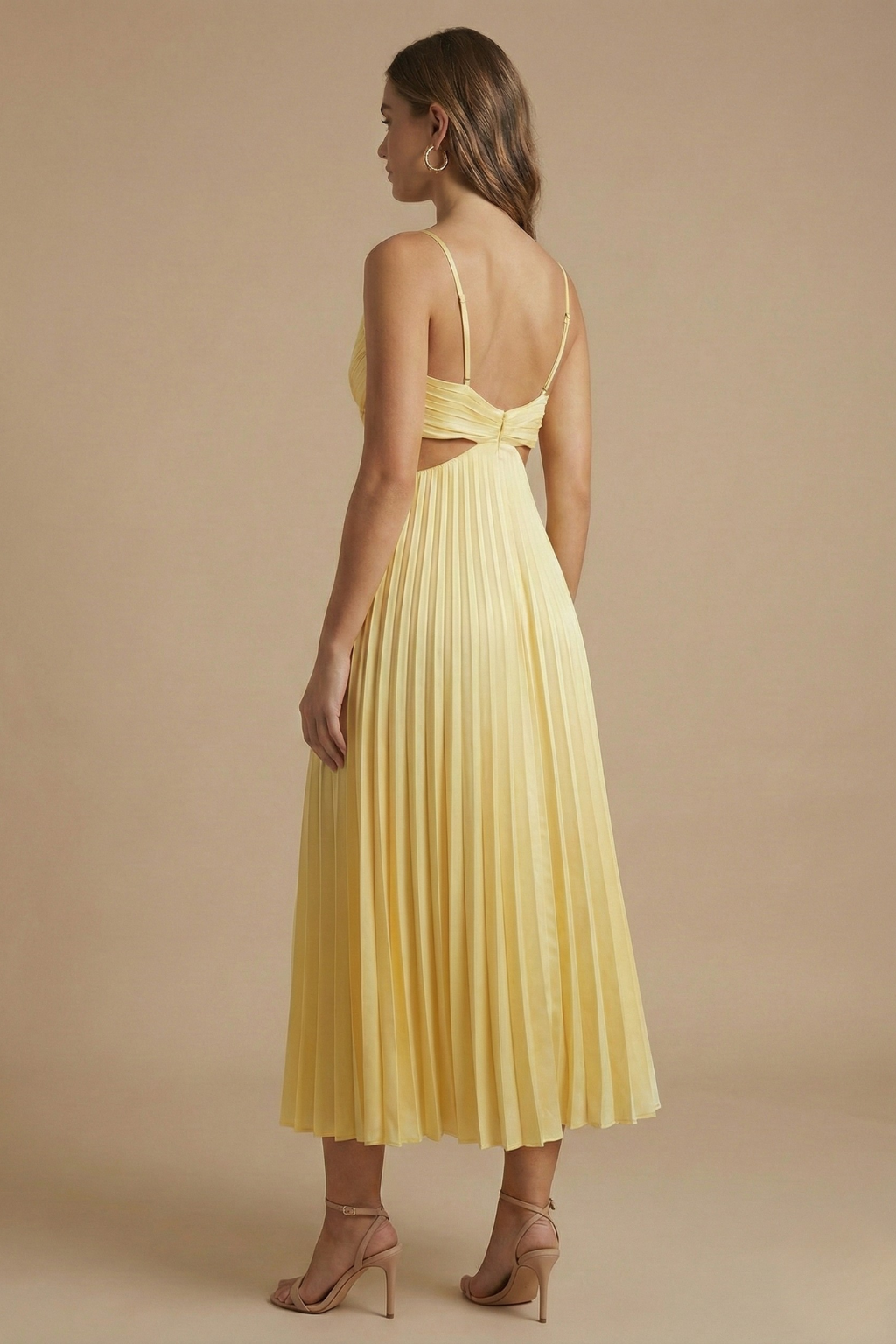 Women’s Elegant Pleated Midi Dress with V Neckline and Defined Waist