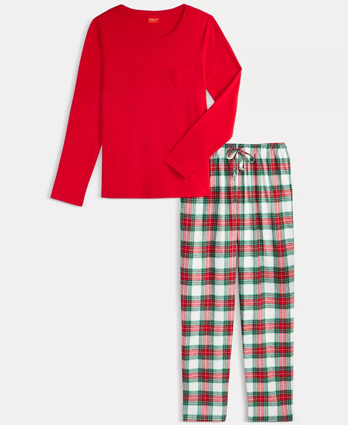 Plaid Flannel Pajama Set with Long Sleeves and Drawstring Pants