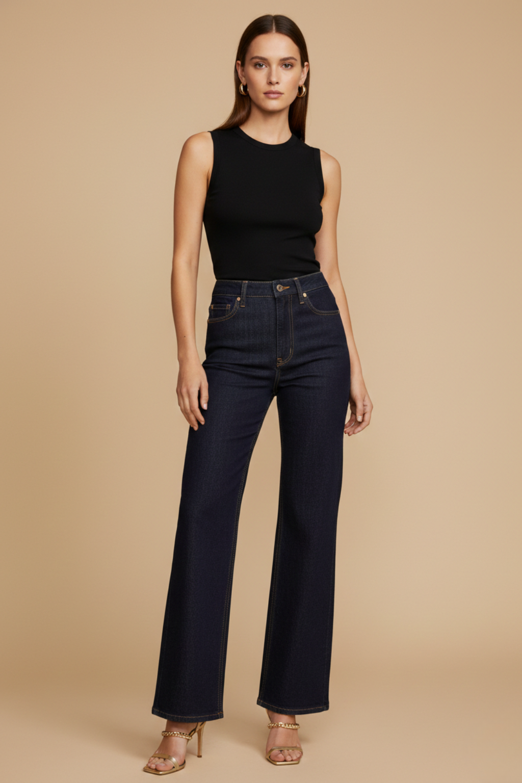Women’s Low Waist Flare Jeans – Full Length Wide Leg Denim Style in Dark Blue