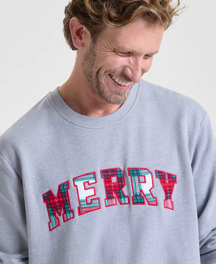 Crewneck Sweatshirt with Plaid Merry Appliqué and Long Sleeves, Hip Length