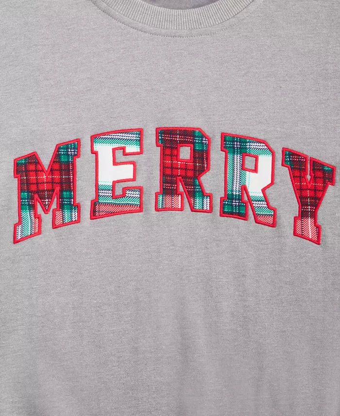 Crewneck Sweatshirt with Plaid Merry Appliqué and Long Sleeves, Hip Length