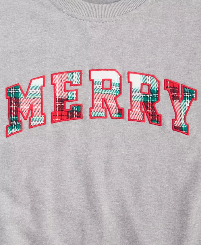 Plaid Lettered Crewneck Sweatshirt with Merry Appliqué and Long Sleeves
