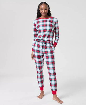 Women's Plaid Pajama Set with Drawstring Waist and Side Pockets