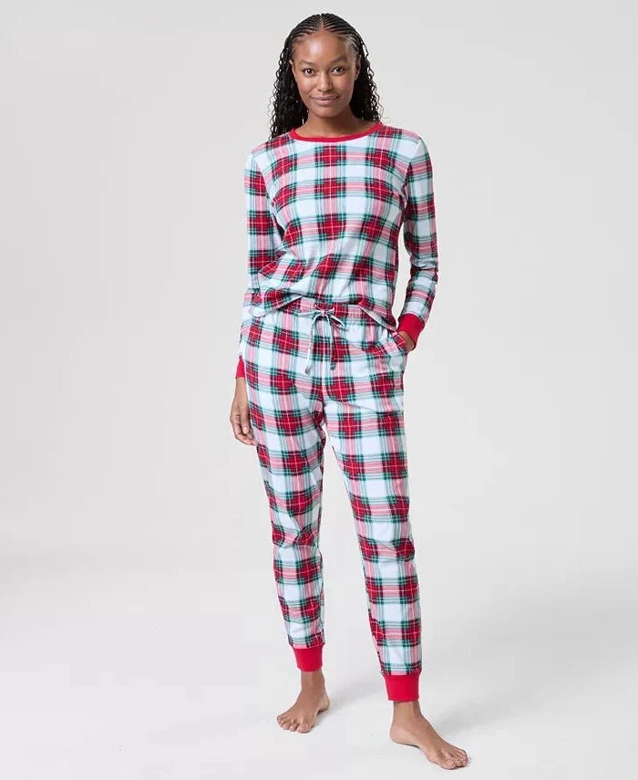 Women's Plaid Pajama Set with Drawstring Waist and Side Pockets