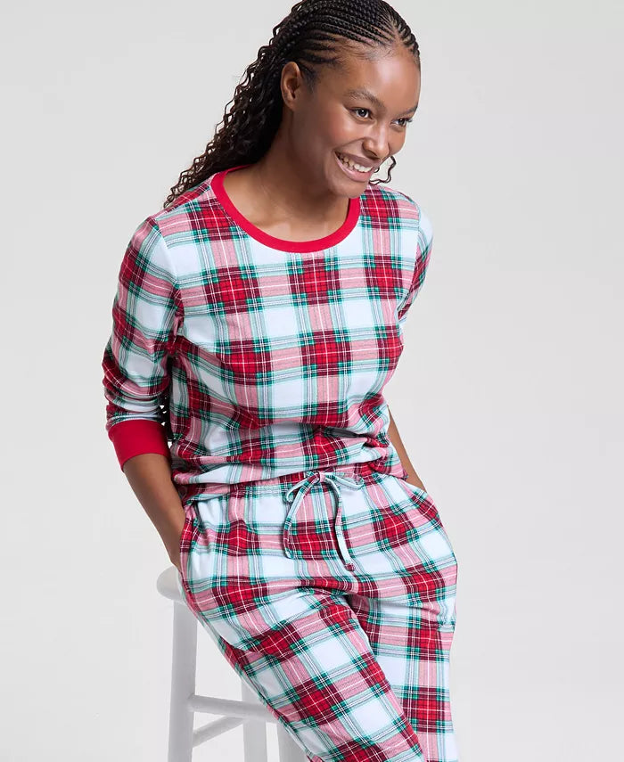 Women's Plaid Pajama Set with Drawstring Waist and Side Pockets