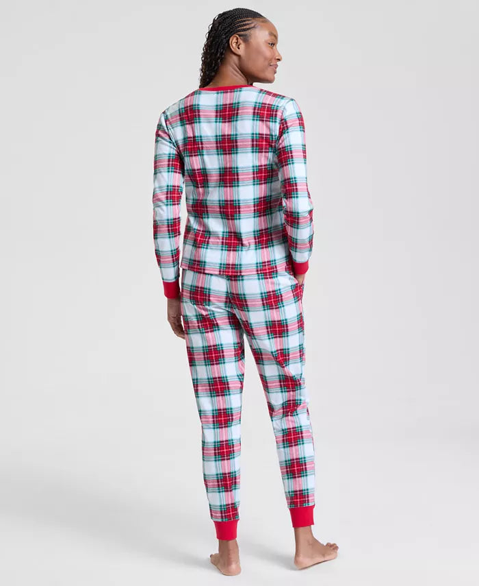 Women's Plaid Pajama Set with Drawstring Waist and Side Pockets