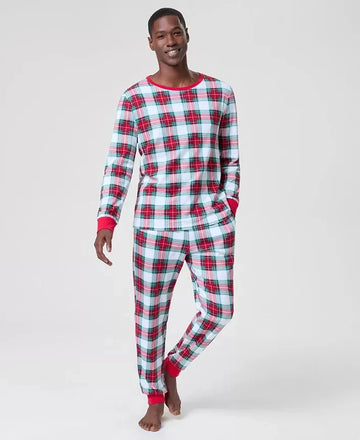 Long Sleeve Flannel Pajama Set with Crew Neck and On Seam Pockets, Plaid Pattern