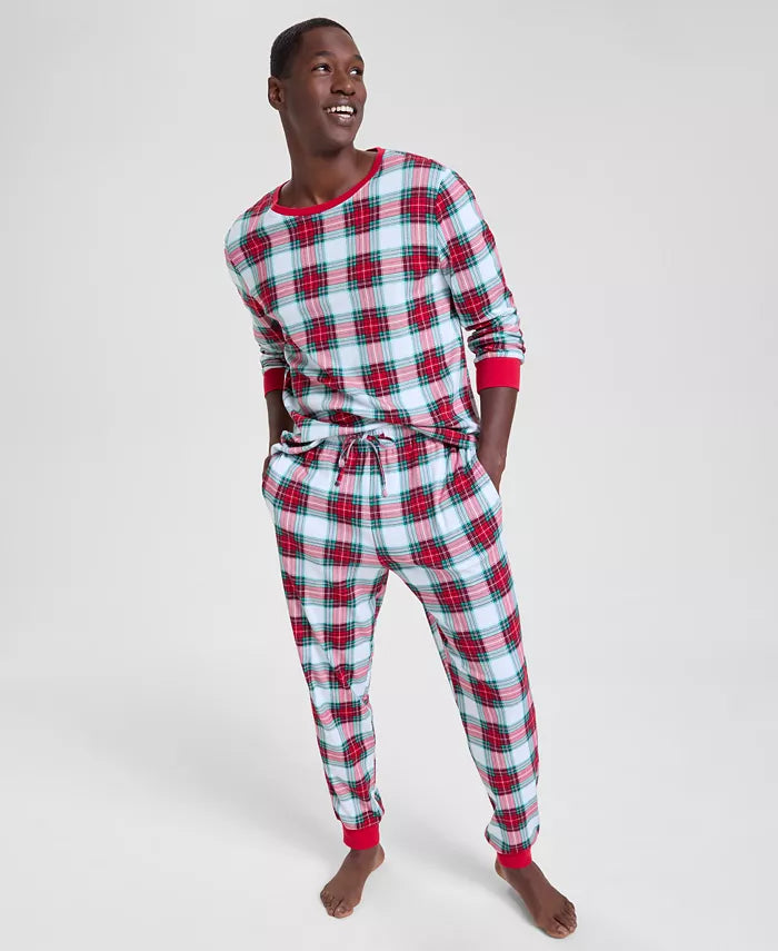 Long Sleeve Flannel Pajama Set with Crew Neck and On Seam Pockets, Plaid Pattern