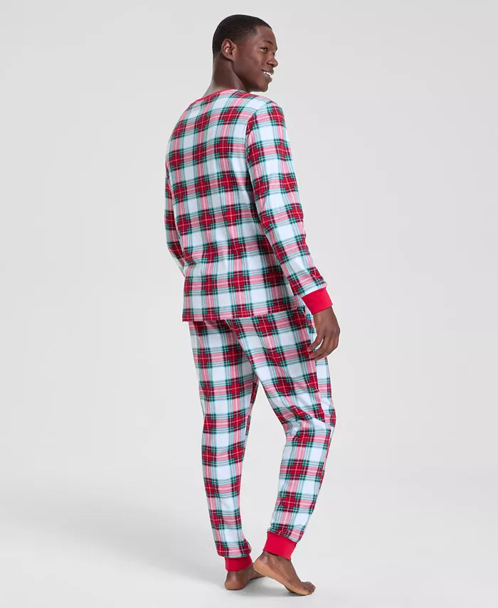 Long Sleeve Flannel Pajama Set with Crew Neck and On Seam Pockets, Plaid Pattern