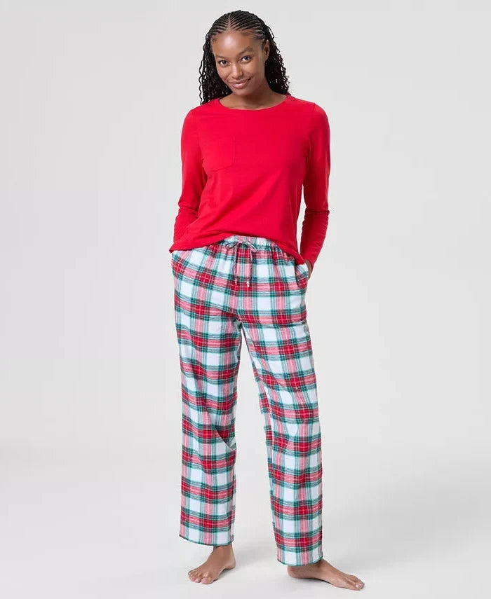 Plaid Flannel Pajama Set with Long Sleeves and Drawstring Pants