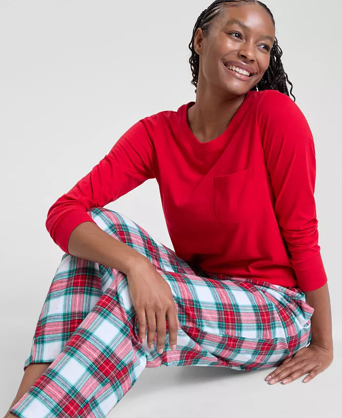Plaid Flannel Pajama Set with Long Sleeves and Drawstring Pants