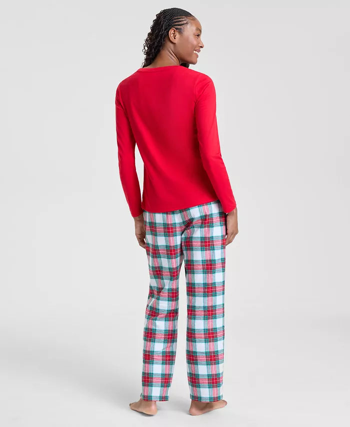 Plaid Flannel Pajama Set with Long Sleeves and Drawstring Pants