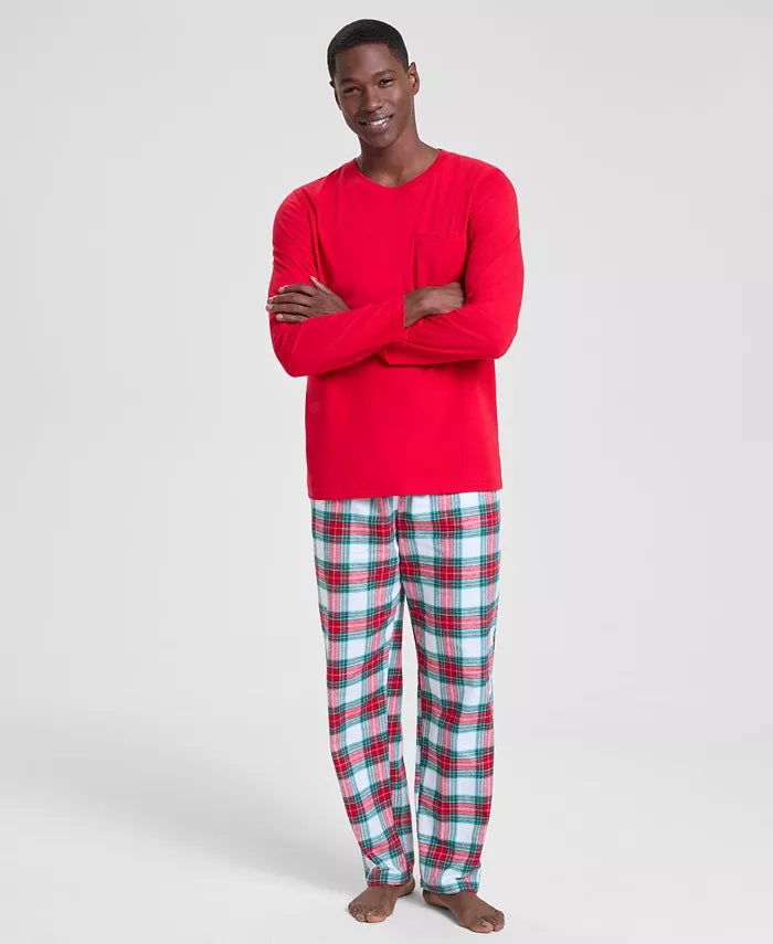 Flannel Pajama Set with Long Sleeves and Drawstring Waist, Side Pockets