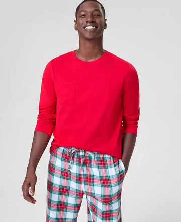 Flannel Pajama Set with Long Sleeves and Drawstring Waist, Side Pockets