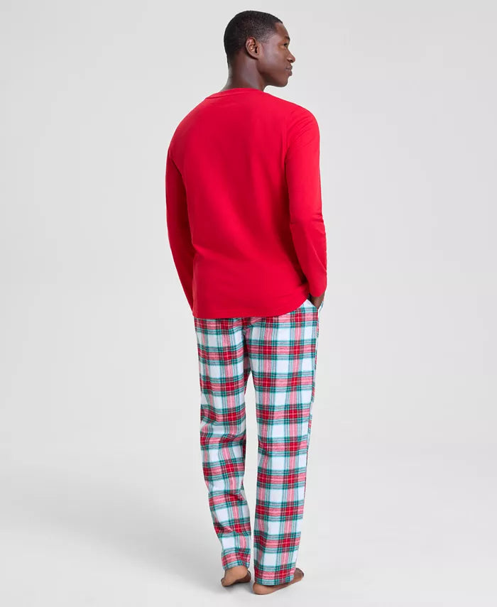 Flannel Pajama Set with Long Sleeves and Drawstring Waist, Side Pockets