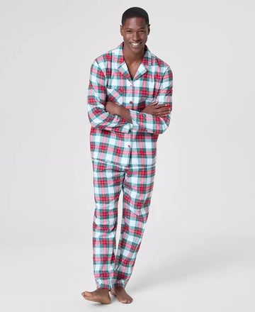 Plaid Flannel Pajama Set with Button Front Top and Drawstring Pants, Side Pockets