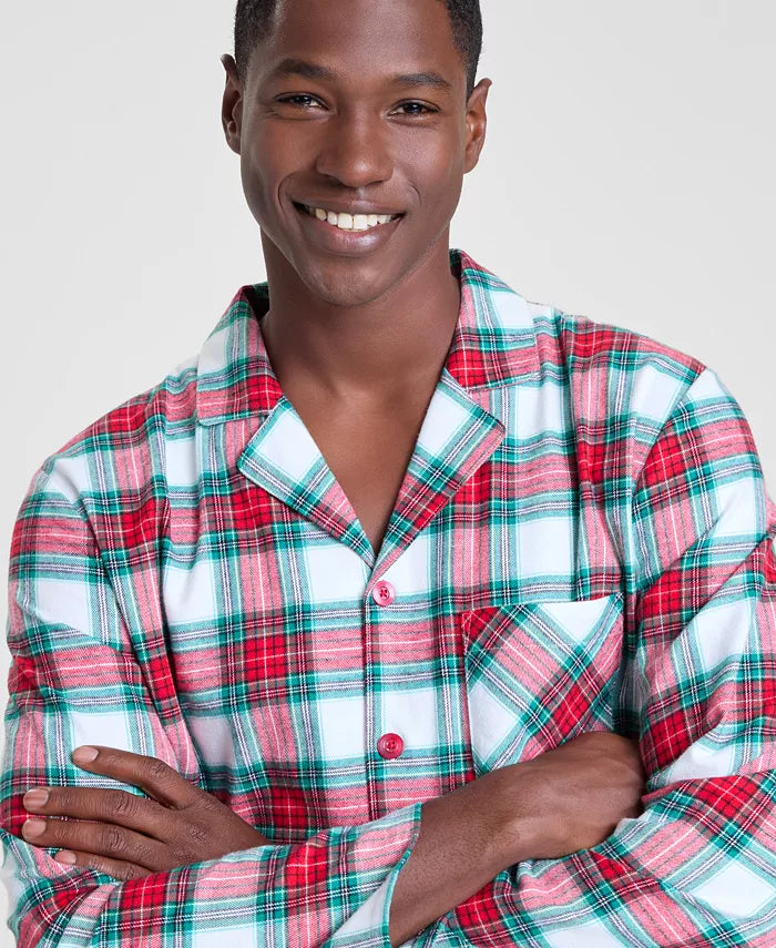 Plaid Flannel Pajama Set with Button Front Top and Drawstring Pants, Side Pockets