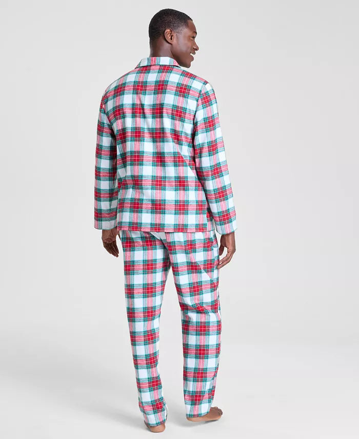 Plaid Flannel Pajama Set with Button Front Top and Drawstring Pants, Side Pockets