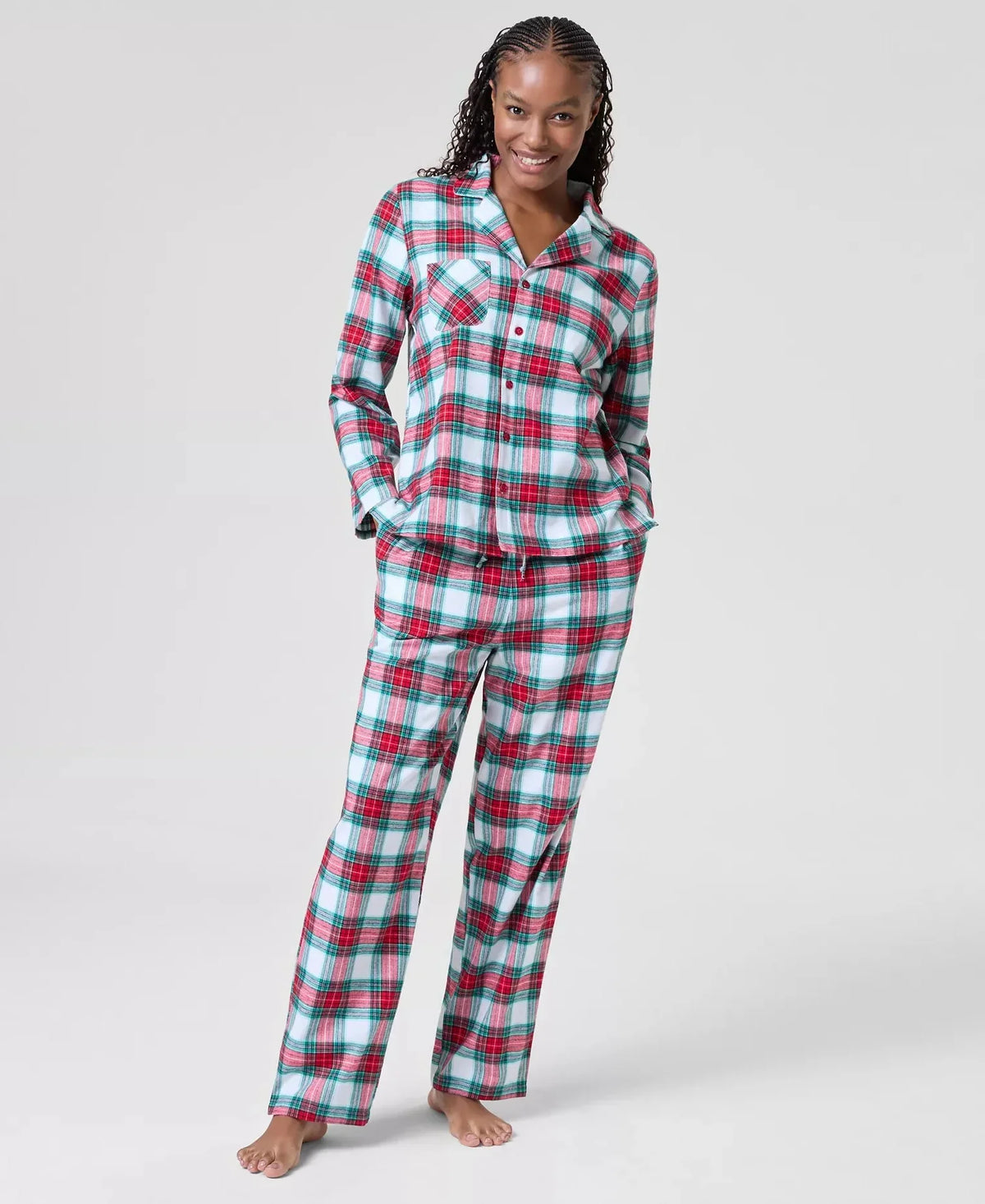 Cotton Plaid Pajama Set with Button Top and Drawstring Pants