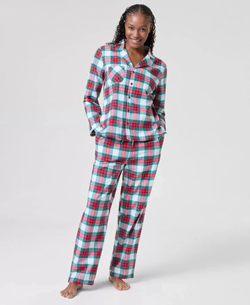 Cotton Plaid Pajama Set with Button Top and Drawstring Pants