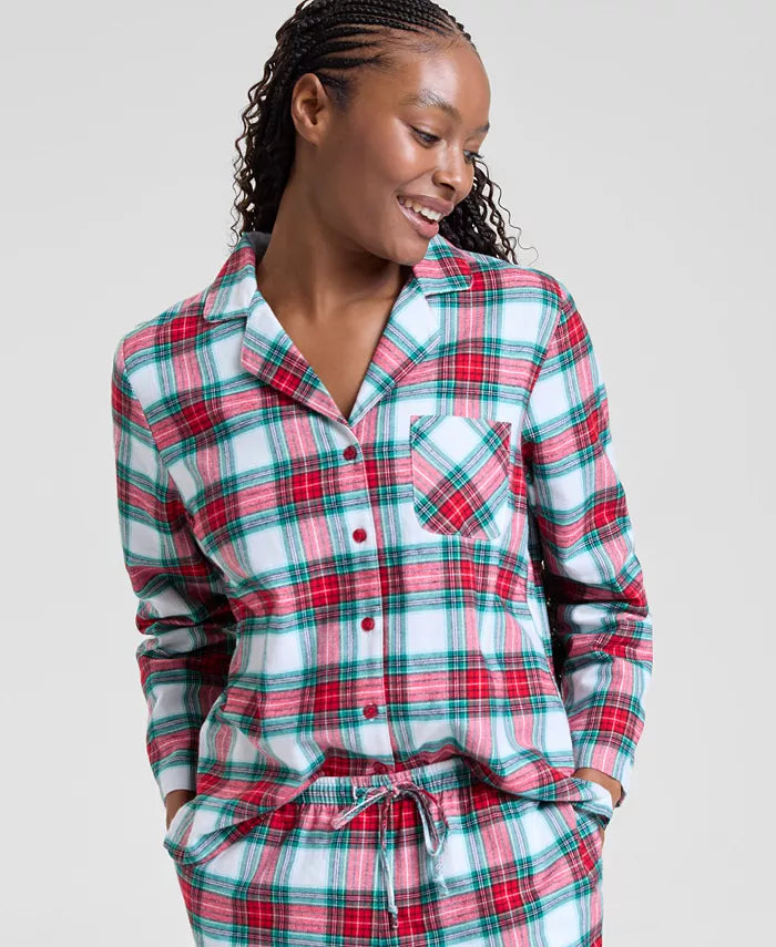 Cotton Plaid Pajama Set with Button Top and Drawstring Pants