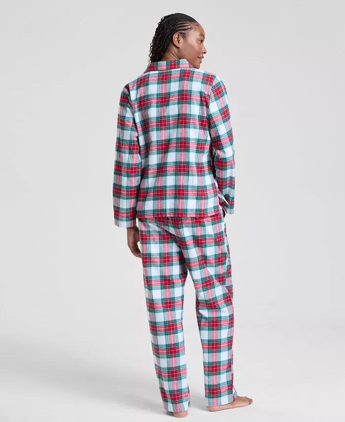 Cotton Plaid Pajama Set with Button Top and Drawstring Pants