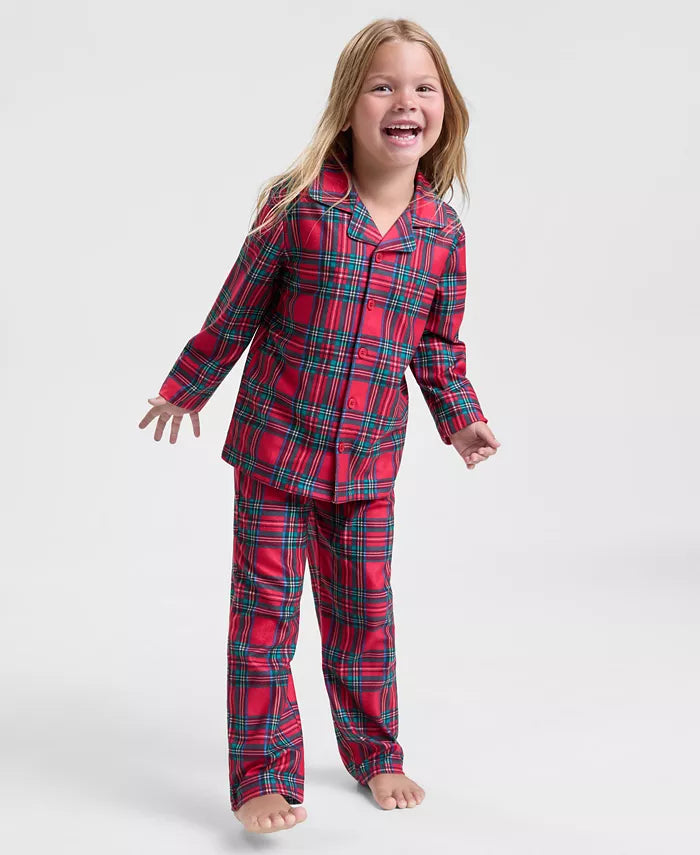 Children's Plaid Pajama Set with Button Front Shirt and Elastic Waist Pants