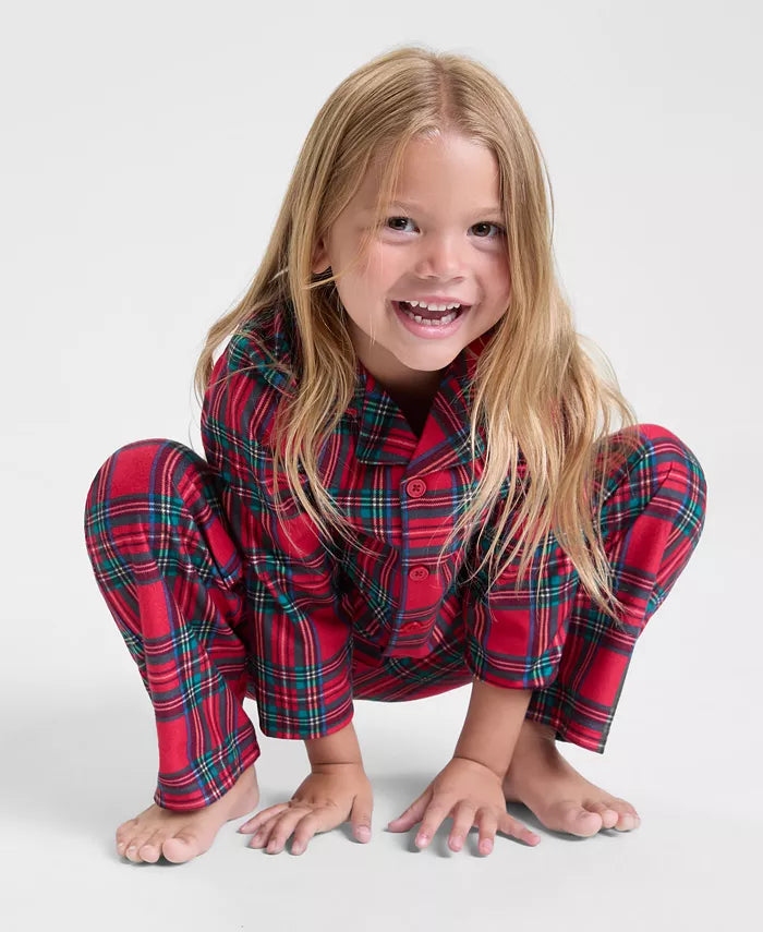 Children's Plaid Pajama Set with Button Front Shirt and Elastic Waist Pants