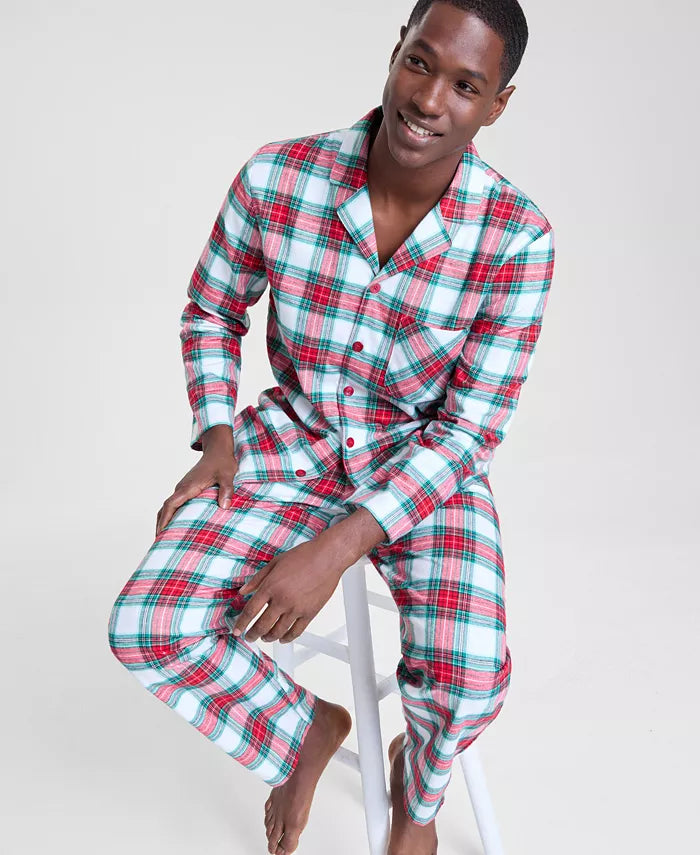 Plaid Flannel Pajama Set with Button Front Top and Drawstring Pants, Side Pockets