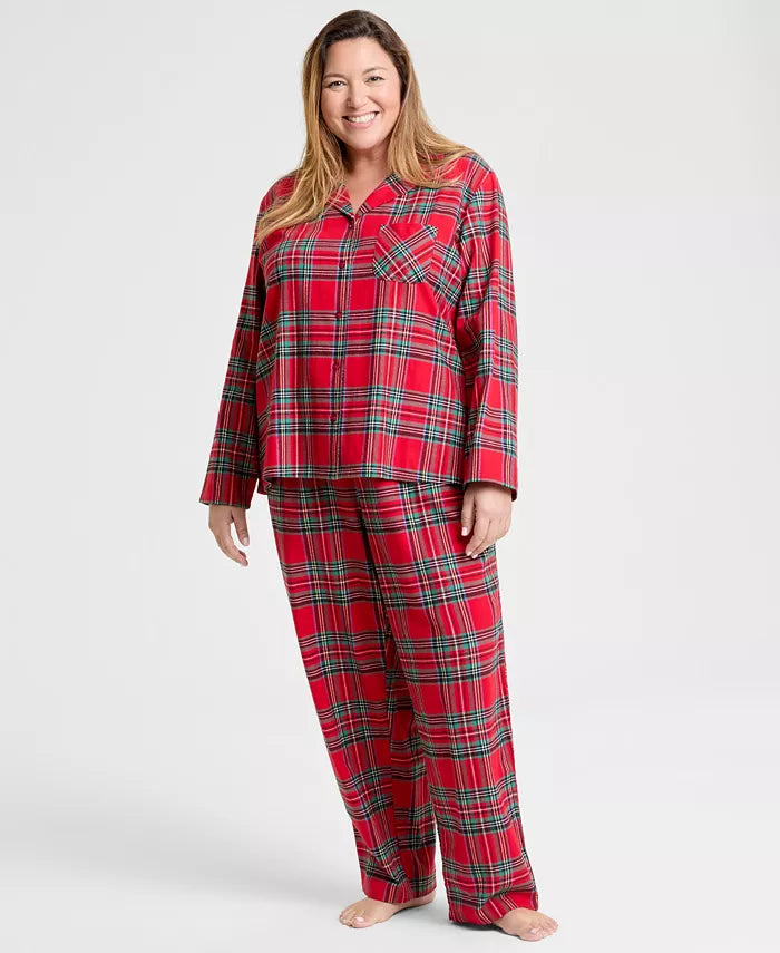 Flannel Pajama Set with Button Front Top and Drawstring Waist Pants