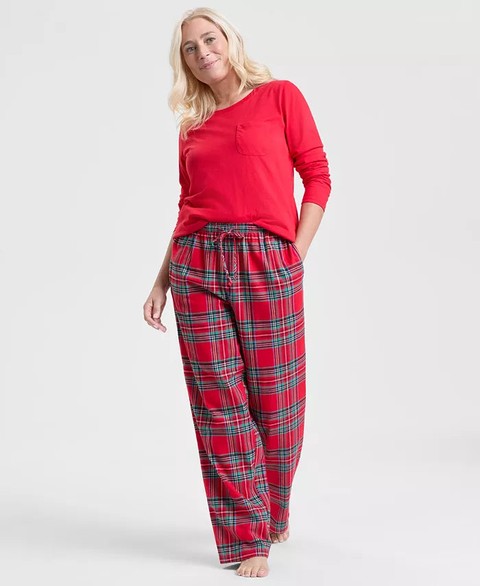 Plaid Cotton Pajama Set with Long Sleeves and Side Pockets, Drawstring Waist