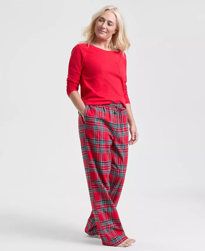 Plaid Cotton Pajama Set with Long Sleeves and Side Pockets, Drawstring Waist