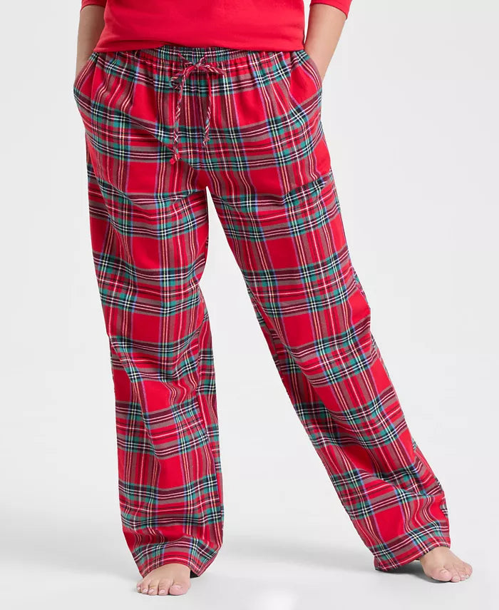 Plaid Cotton Pajama Set with Long Sleeves and Side Pockets, Drawstring Waist