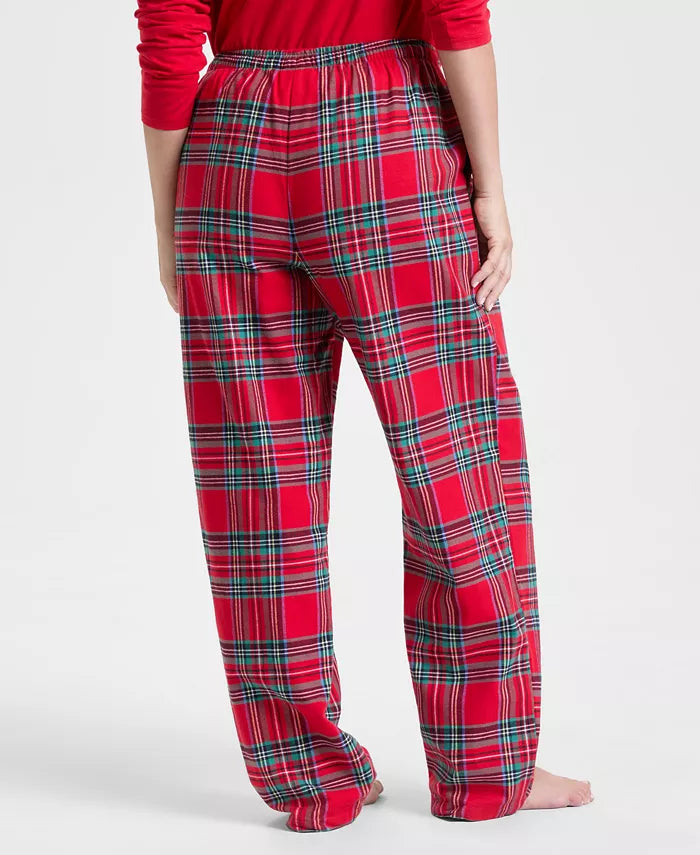 Plaid Cotton Pajama Set with Long Sleeves and Side Pockets, Drawstring Waist