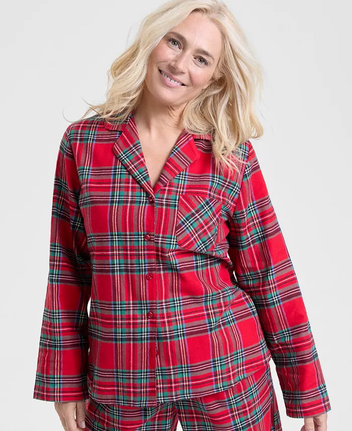 Flannel Pajama Set with Button Front and Drawstring Waist, Plaid Pattern