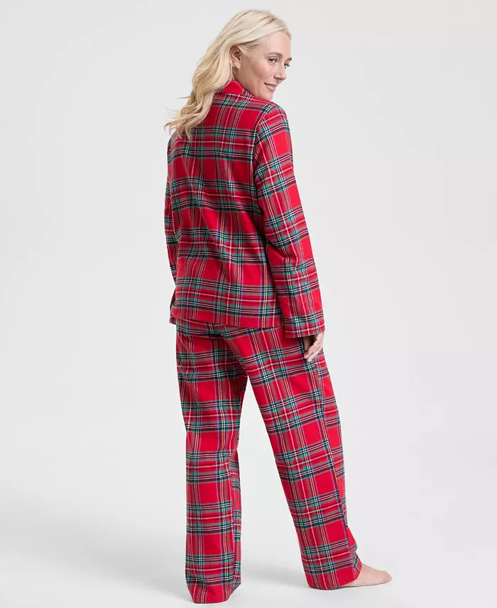 Flannel Pajama Set with Button Front and Drawstring Waist, Plaid Pattern