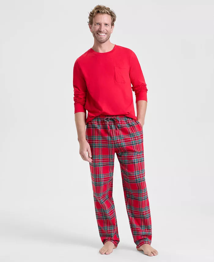 Flannel Pajama Set with Plaid Pattern and Elastic Waistband, Side Pockets