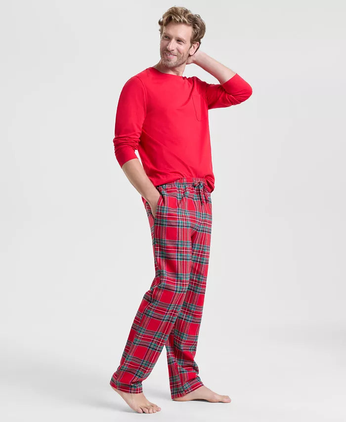 Flannel Pajama Set with Plaid Pattern and Elastic Waistband, Side Pockets