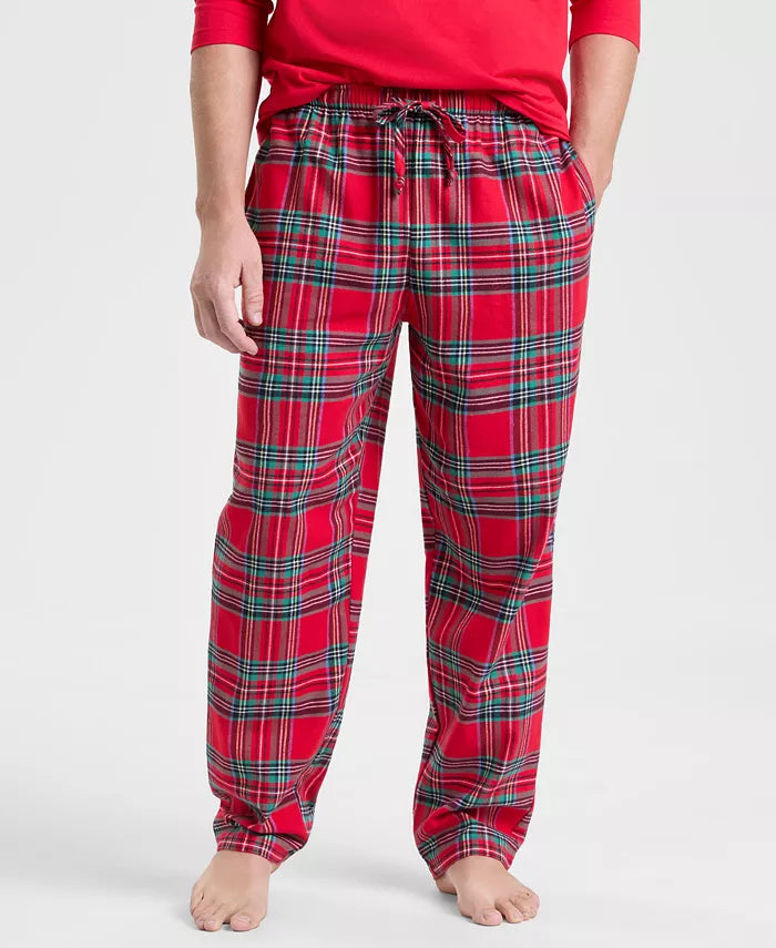 Flannel Pajama Set with Plaid Pattern and Elastic Waistband, Side Pockets