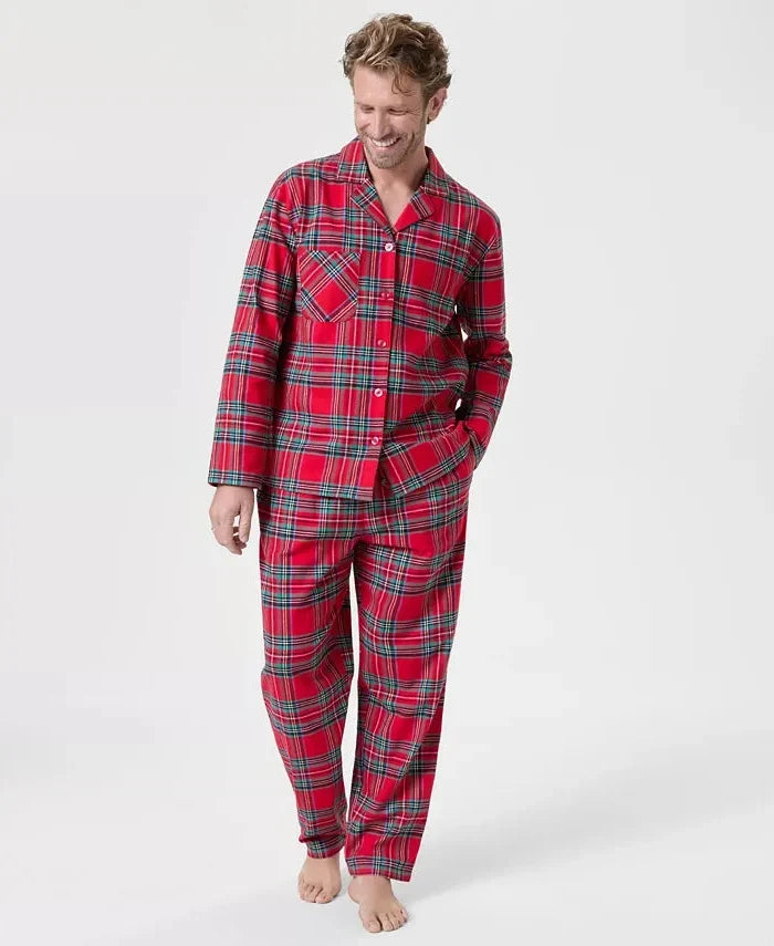 Plaid Flannel Pajama Set with Button Front Top and Drawstring Waist Pants