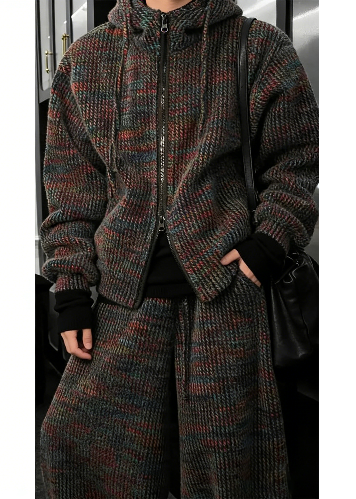 Knit Hoodie and Wide Leg Pants Set with Textured Pattern and Full Zip