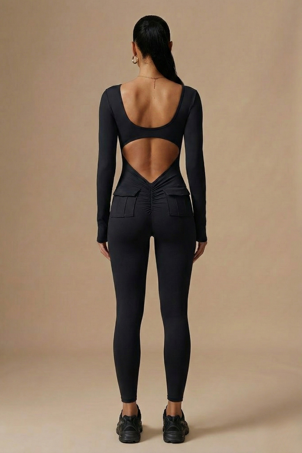 Women’s V-Back Long Sleeve Bodysuit with Pockets, Sculpted Fit, Full Length, Modern Active-Inspired One-Piece