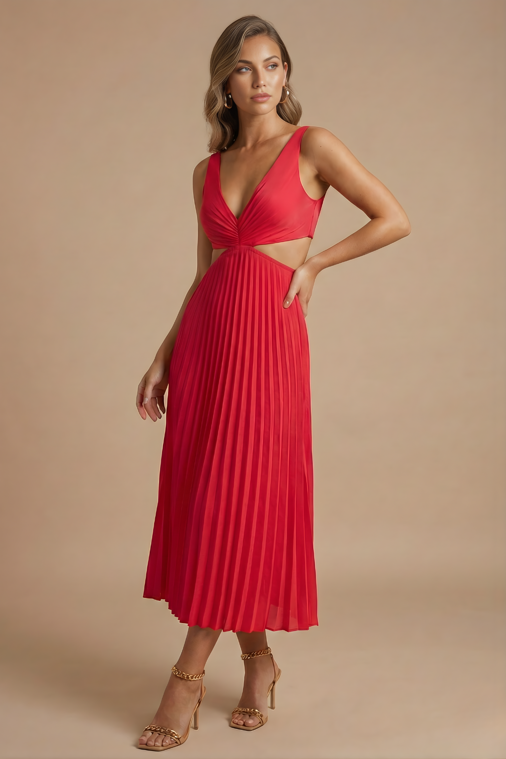 Women’s Elegant Pleated Midi Dress with V Neckline and Defined Waist