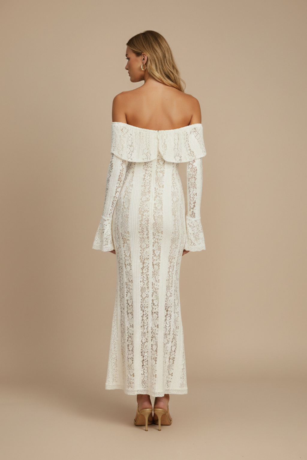 Women’s Off Shoulder Lace Maxi Dress – Long Sleeve Flared Cuff Design in Neutrals