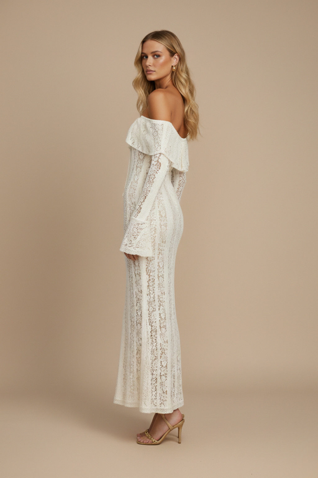 Women’s Off Shoulder Lace Maxi Dress – Long Sleeve Flared Cuff Design in Neutrals
