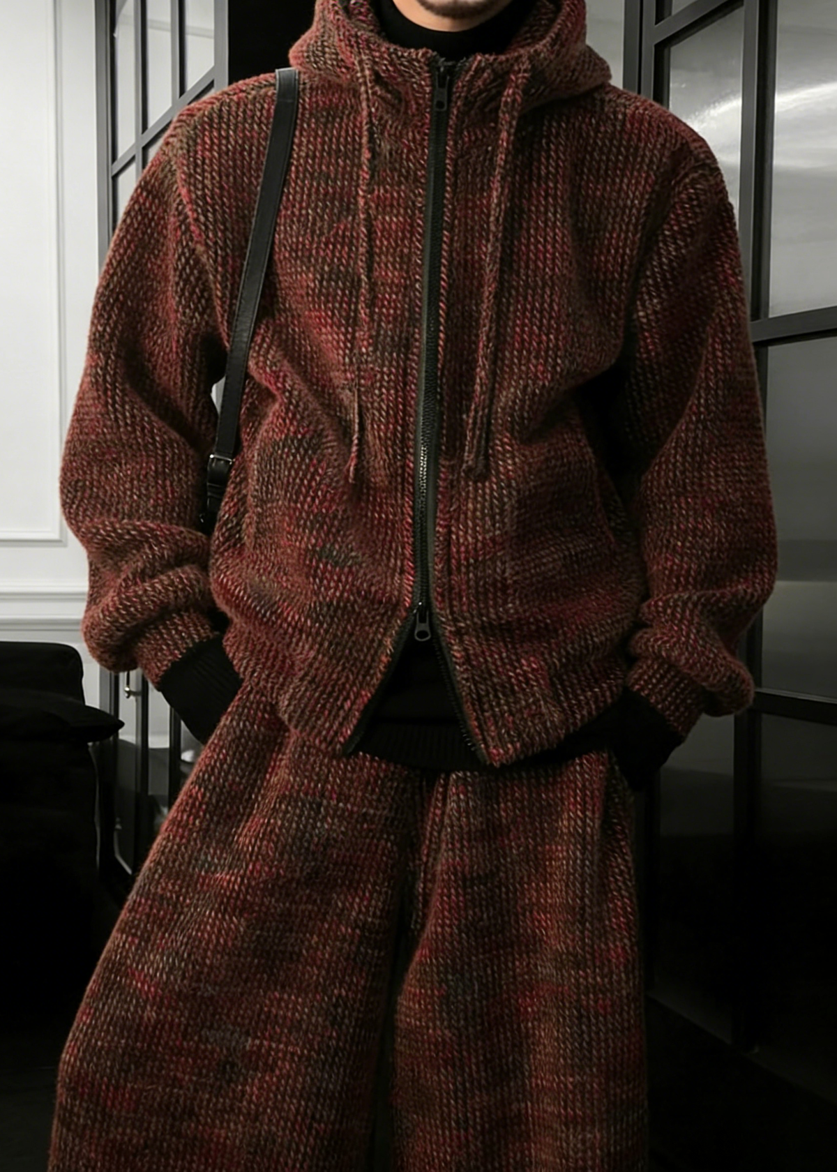 Knit Hoodie and Wide Leg Pants Set with Textured Pattern and Full Zip
