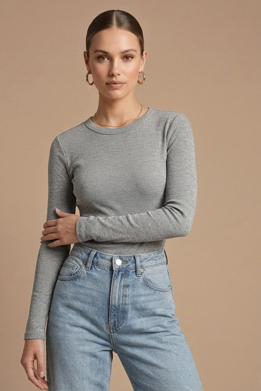 Damen Langarmshirt mit Rundhalsausschnitt und Rippstruktur - Eng anliegend